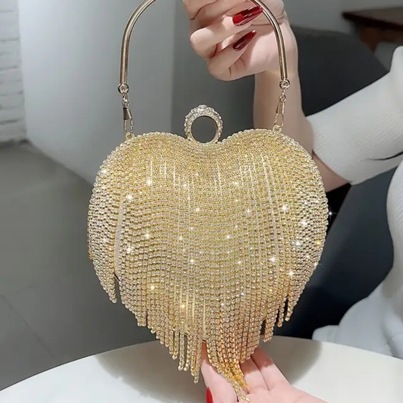 Gold Heart-Shaped Crystal Clutch with Fringe Bags